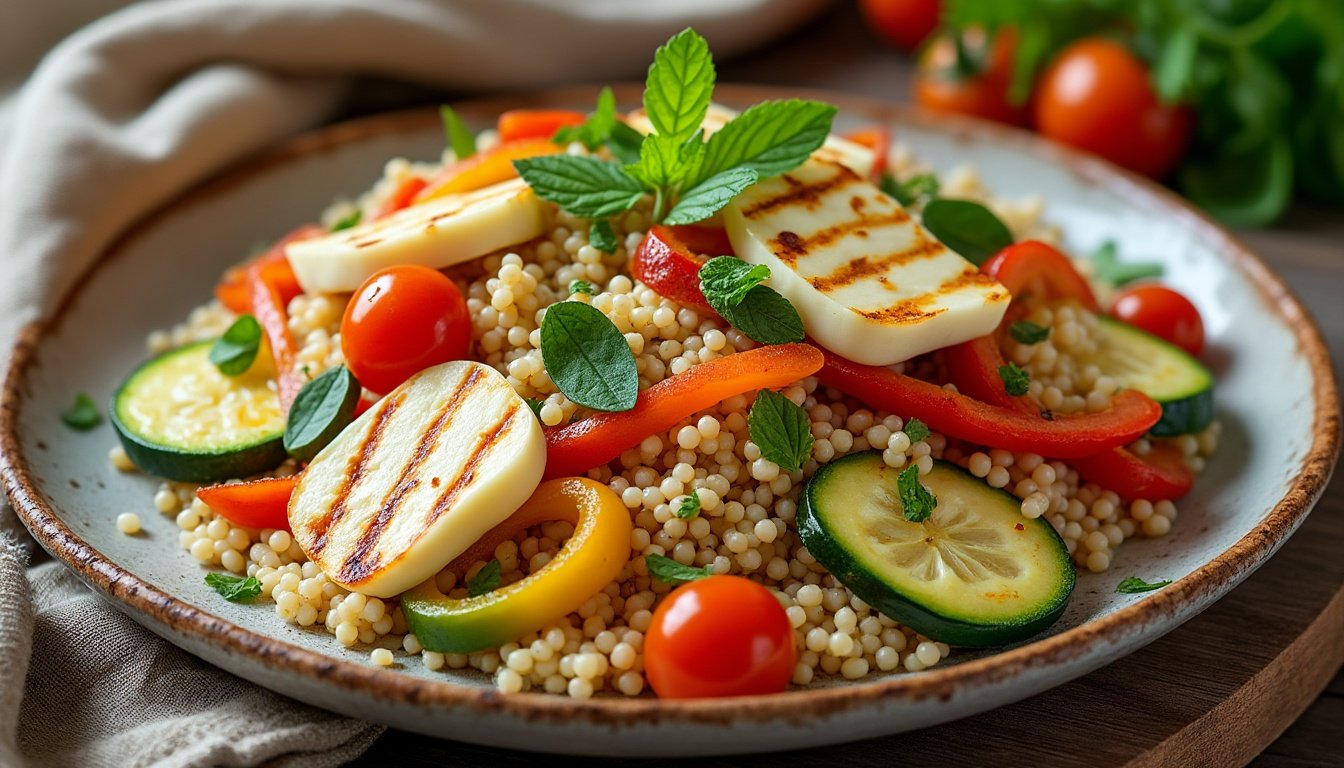 découvrez notre savoureux couscous perlé aux légumes colorés, accompagné de halloumi grillé. un plat équilibré et plein de goût, parfait pour une alimentation saine et gourmande.