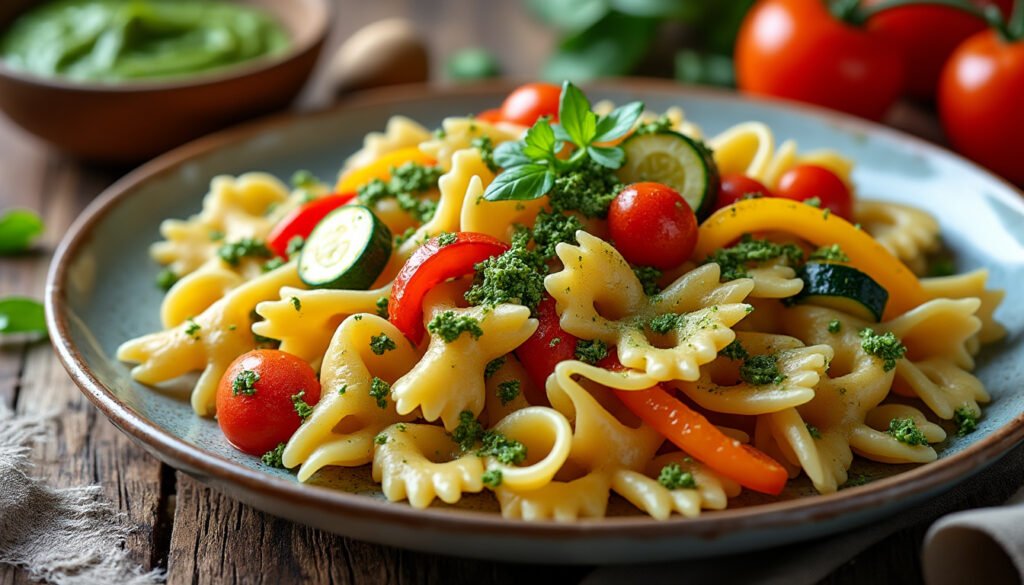 savourez un plat coloré et délicieux de farfalles aux légumes frais, agrémentées d'un pesto de roquette fait maison. idéal pour un repas plein de saveurs, cette recette allie la légèreté des pâtes et la richesse des légumes pour une expérience culinaire végétale inoubliable.
