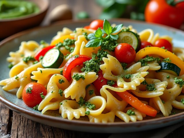 Farfalles aux légumes et pesto de roquette