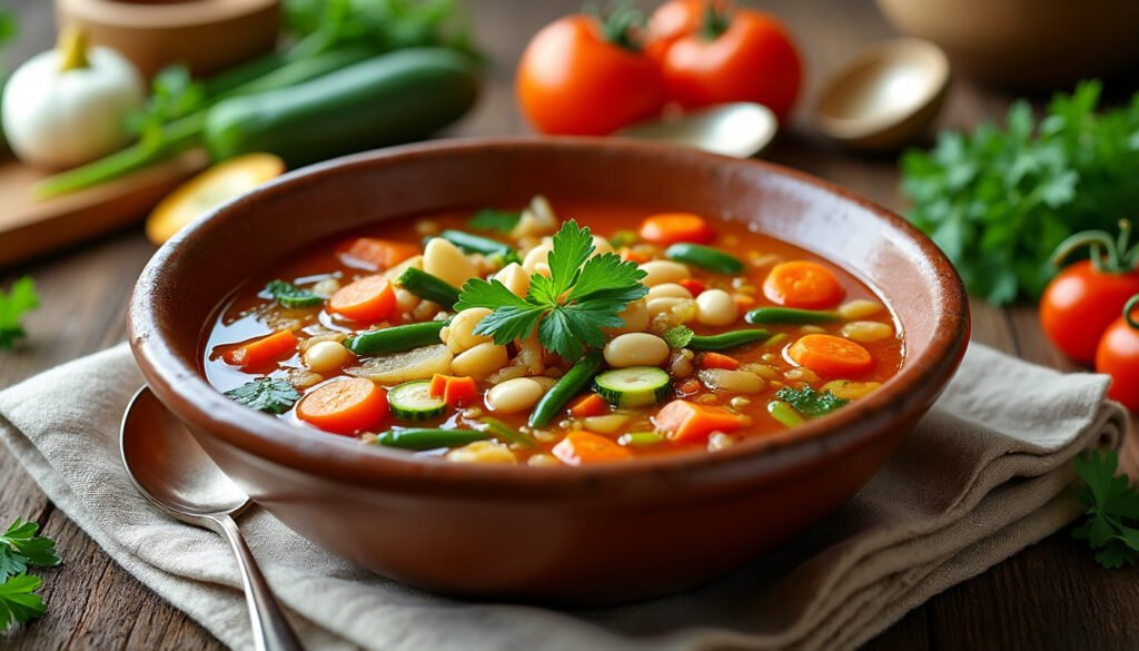 découvrez notre savoureux minestrone aux légumes et haricots blancs, une délicieuse soupe riche en saveurs et en nutriments. parfait pour un repas réconfortant, ce plat coloré allie des légumes frais et des haricots blancs, offrant une expérience culinaire saine et satisfaisante.