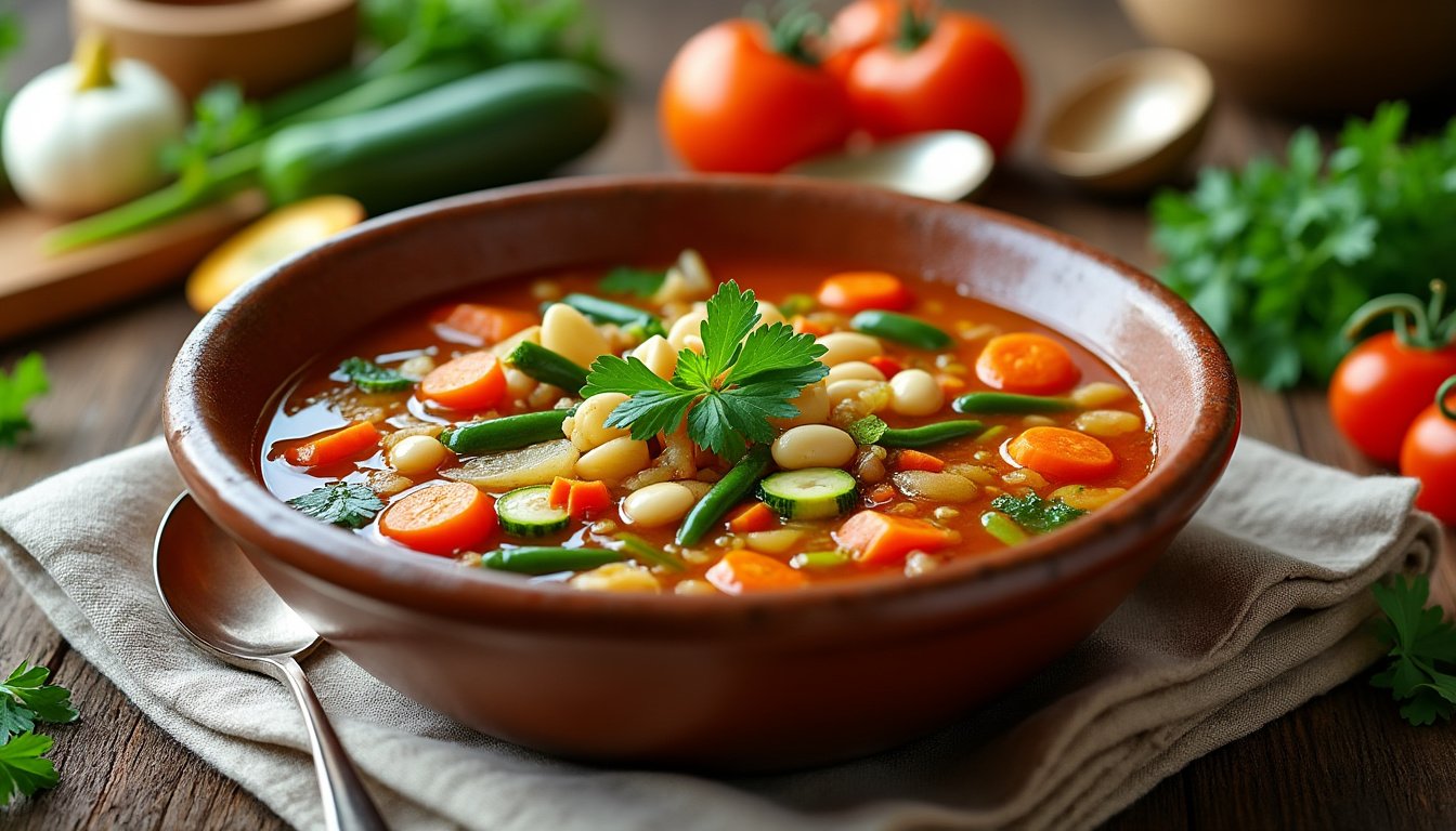 découvrez notre savoureux minestrone aux légumes et haricots blancs, une délicieuse soupe riche en saveurs et en nutriments. parfait pour un repas réconfortant, ce plat coloré allie des légumes frais et des haricots blancs, offrant une expérience culinaire saine et satisfaisante.