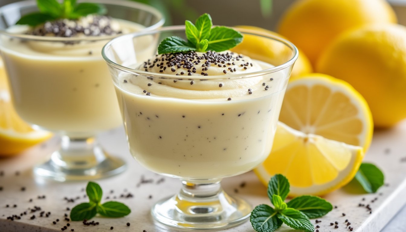 découvrez notre délicieuse mousse au citron, légère et rafraîchissante, agrémentée de graines de chia croquantes. un dessert healthy et savoureux parfait pour vos moments gourmands!