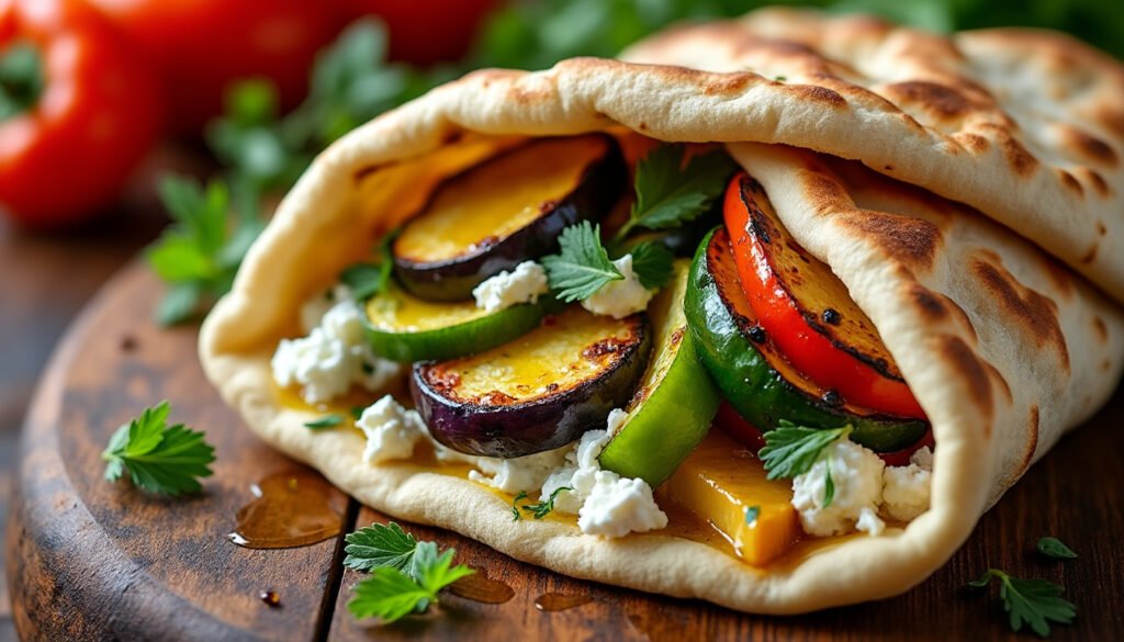 découvrez notre savoureux pain pita garni de légumes rôtis et de fromage frais, une recette délicieuse et saine qui réveillera vos papilles. idéal pour un repas léger ou un en-cas gourmand !