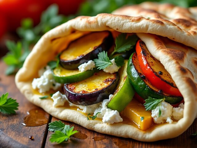 Pain pita aux légumes rôtis et fromage frais