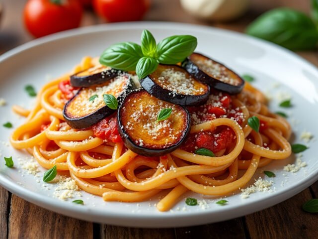 Pâtes aux aubergines et sauce tomate épicée