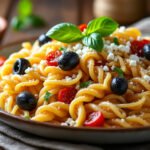 Pâtes aux olives, tomates séchées et feta
