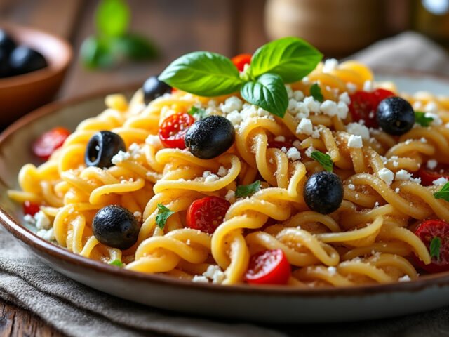 Pâtes aux olives, tomates séchées et feta