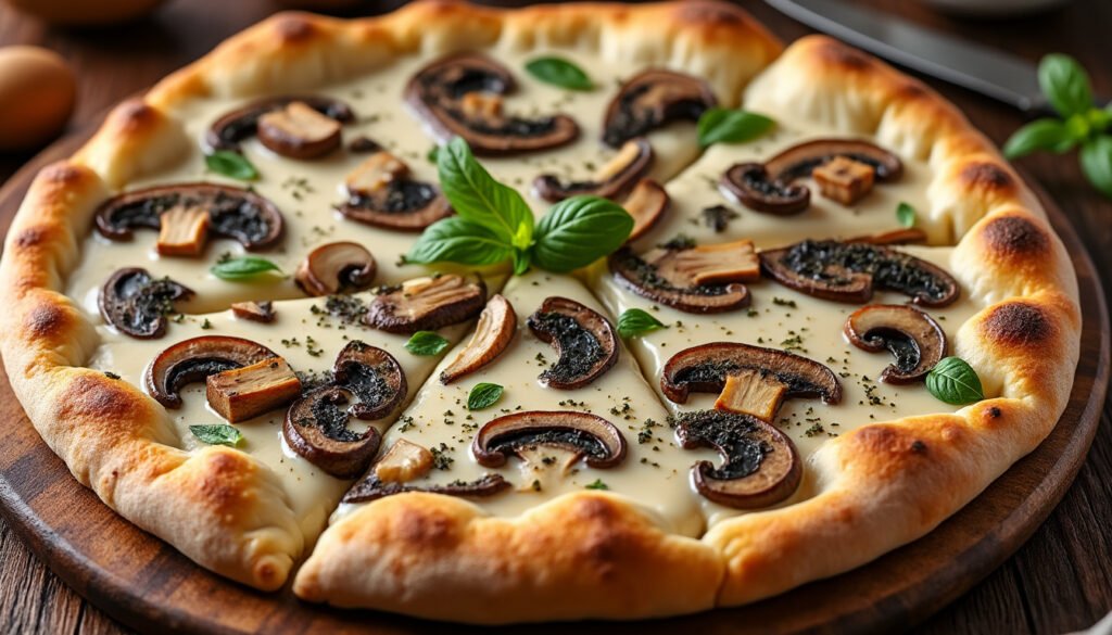 découvrez notre délicieuse pizza blanche garnie de champignons savoureux et d'une touche exquise de truffe. une association parfaite pour les amateurs de saveurs uniques, idéale pour une expérience culinaire inoubliable.