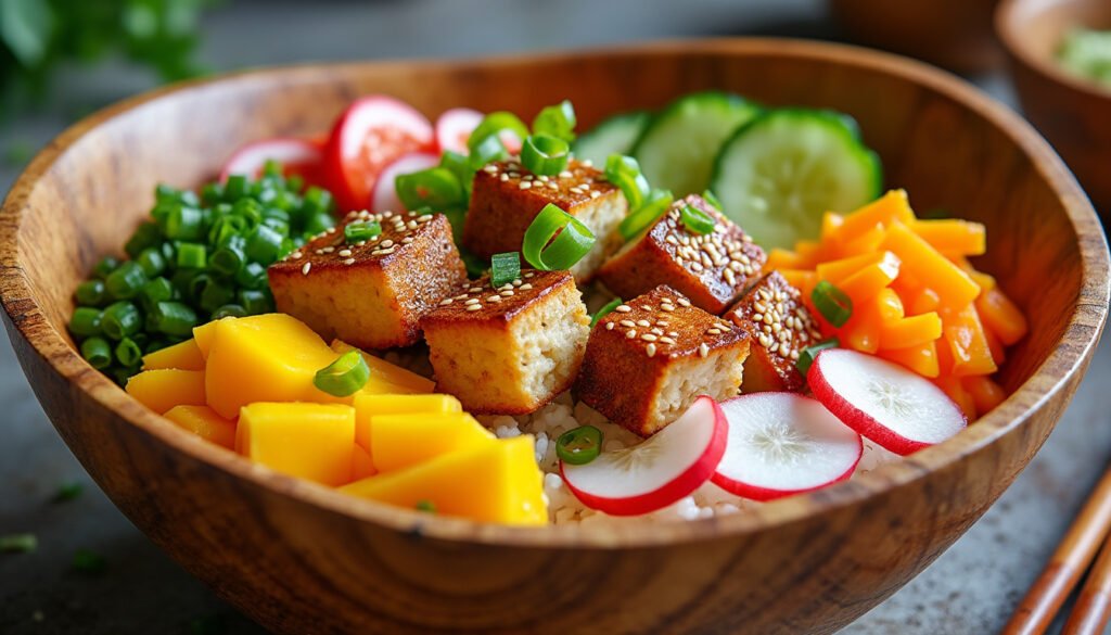 découvrez notre délicieux poke bowl au tempeh et à la mangue, une recette saine et équilibrée alliant des saveurs exotiques et une touche de bien-être. parfait pour un repas nourrissant et savoureux, ce plat rafraîchissant met en avant des ingrédients frais et colorés.