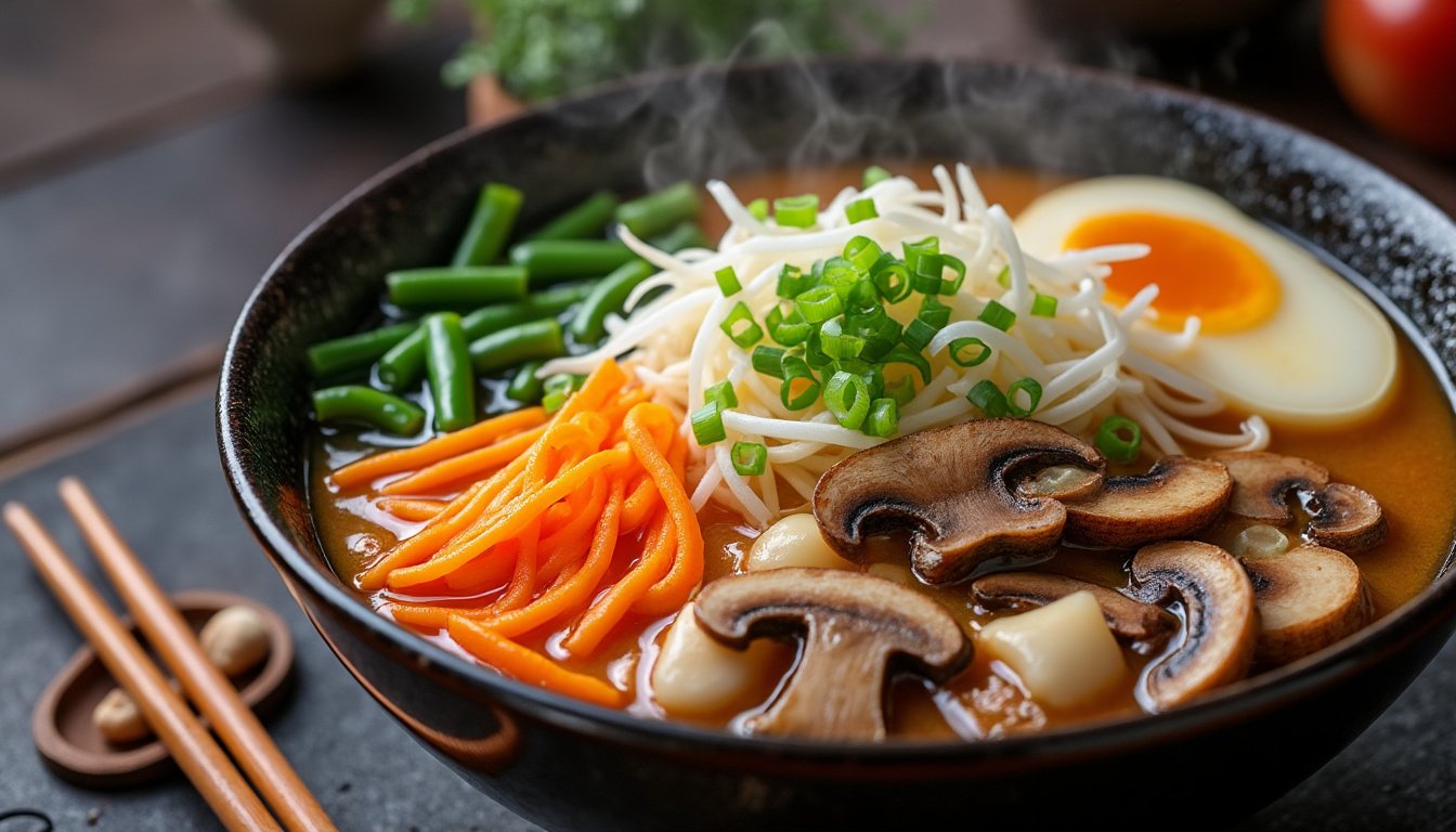 découvrez notre savoureux ramen végétarien au miso et champignons, un plat réconfortant alliant des ingrédients frais et sains. plongez dans une expérience culinaire unique, pleine de saveurs umami et de textures délicieuses. parfait pour les amateurs de cuisine végétale !