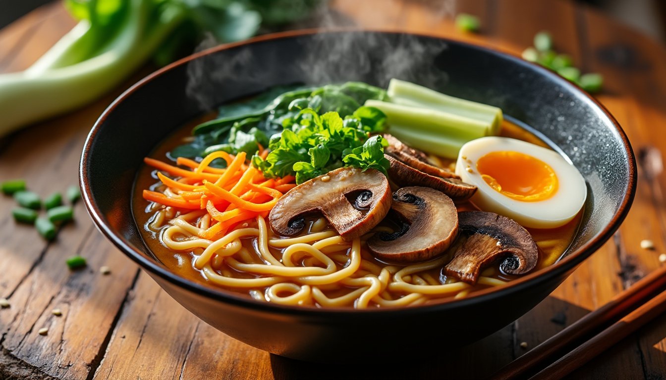 découvrez notre délicieux ramen végétarien au miso et champignons, une recette réconfortante alliant des saveurs umami envoûtantes et des ingrédients frais. parfait pour un repas sain et savoureux, ce plat régalera les amateurs de cuisine végétale. à déguster sans modération !