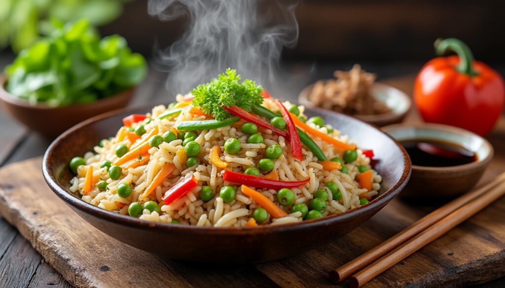 découvrez notre délicieux riz cantonais végétarien, préparé avec des œufs moelleux et des petits pois croquants. un plat coloré et savoureux qui allie tradition et légèreté, parfait pour un repas équilibré ou un déjeuner rapide.