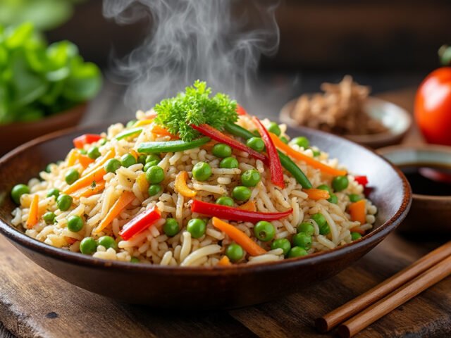 Riz cantonais végétarien aux œufs et petits pois