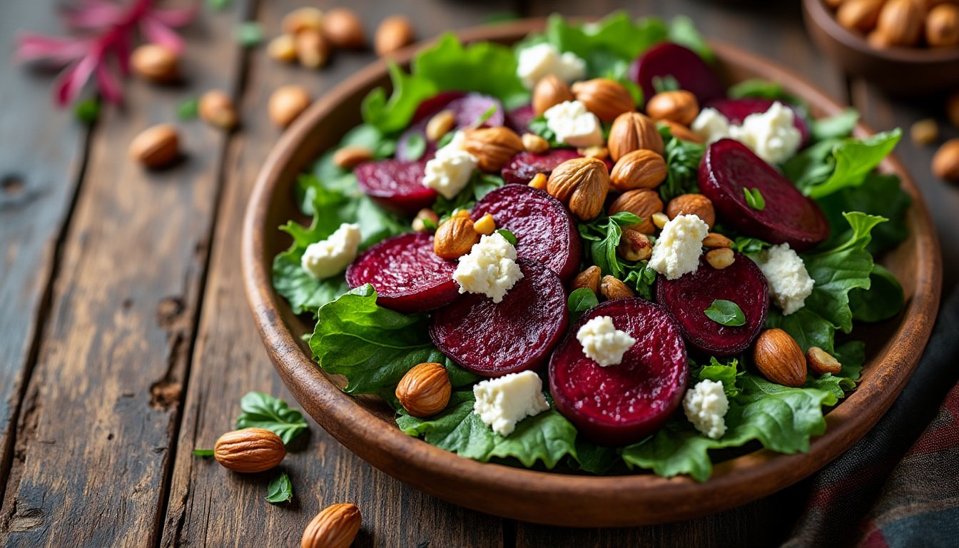 découvrez notre délicieuse salade de betteraves rôties associée à de la feta crémeuse et des noisettes croquantes. un mélange de saveurs et de textures parfait pour un repas léger et sain.