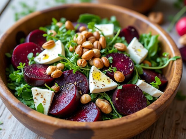 Salade de betteraves rôties, feta et noisettes