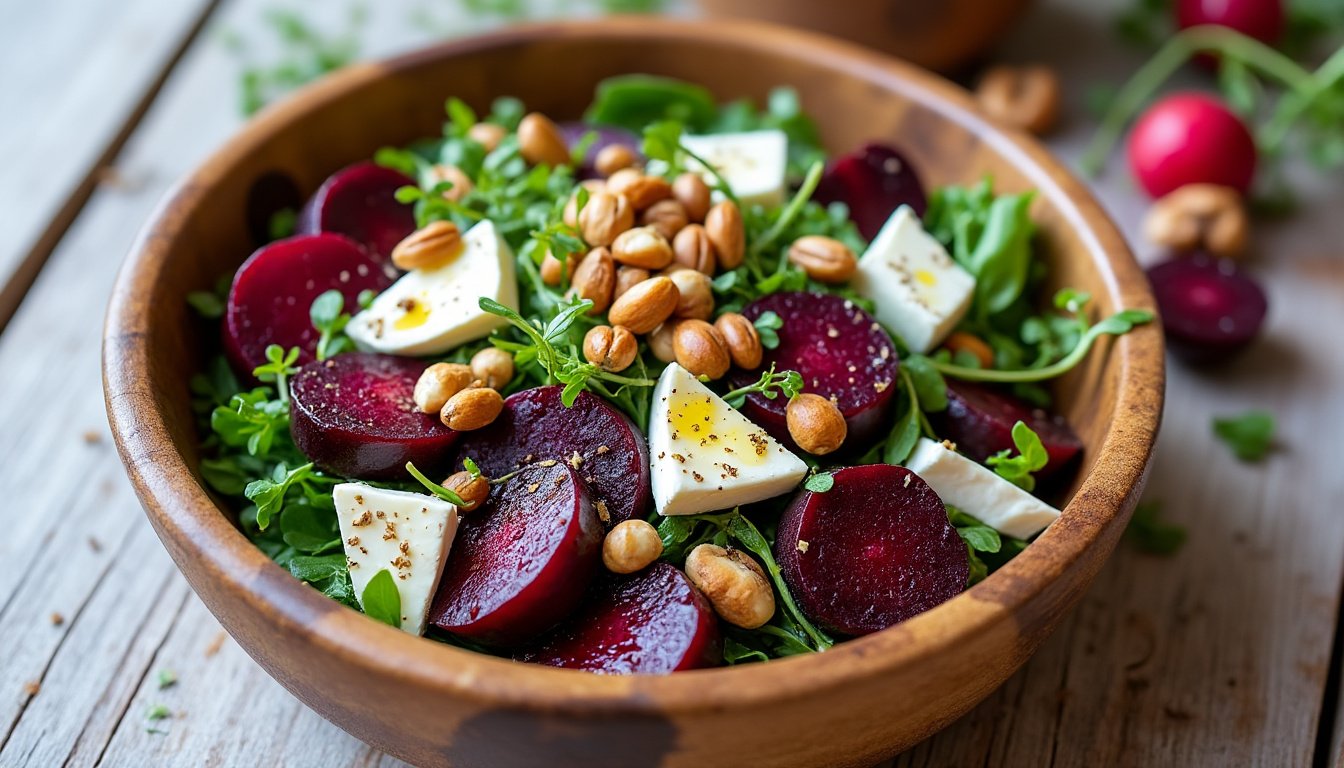 découvrez une délicieuse salade de betteraves rôties, agrémentée de feta crémeuse et de noisettes croquantes. idéale pour un repas léger ou en accompagnement, cette recette allie saveurs terreuses et textures variées pour une expérience culinaire unique.