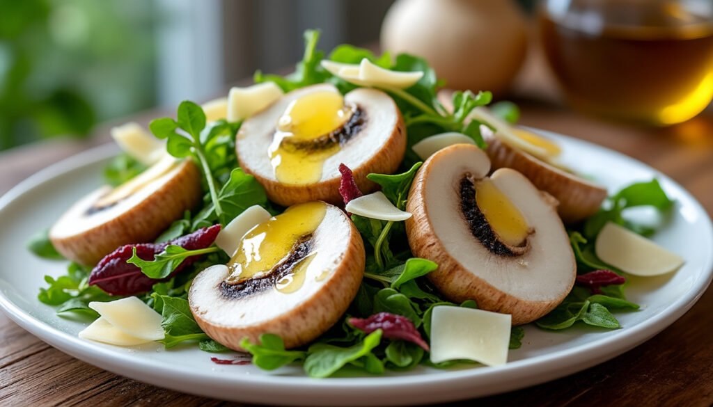 découvrez une délicieuse salade de champignons de paris, rehaussée d'une huile de truffe raffinée et de copeaux de parmesan savoureux. une entrée gourmande qui séduira vos papilles avec ses saveurs délicates et son mélange de textures.