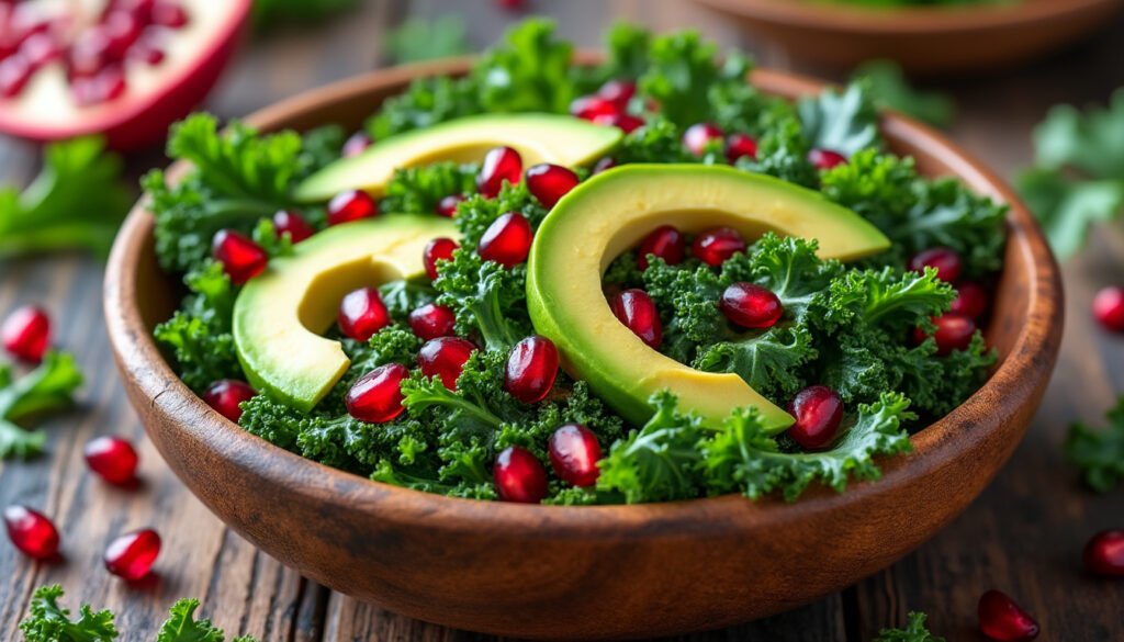 découvrez notre délicieuse salade de chou kale, avocat et grenade. un mélange croquant de saveurs fraîche qui allie les bienfaits nutritifs du chou kale, la douceur crémeuse de l'avocat et le croquant juteux de la grenade. parfaite pour un repas sain et savoureux!