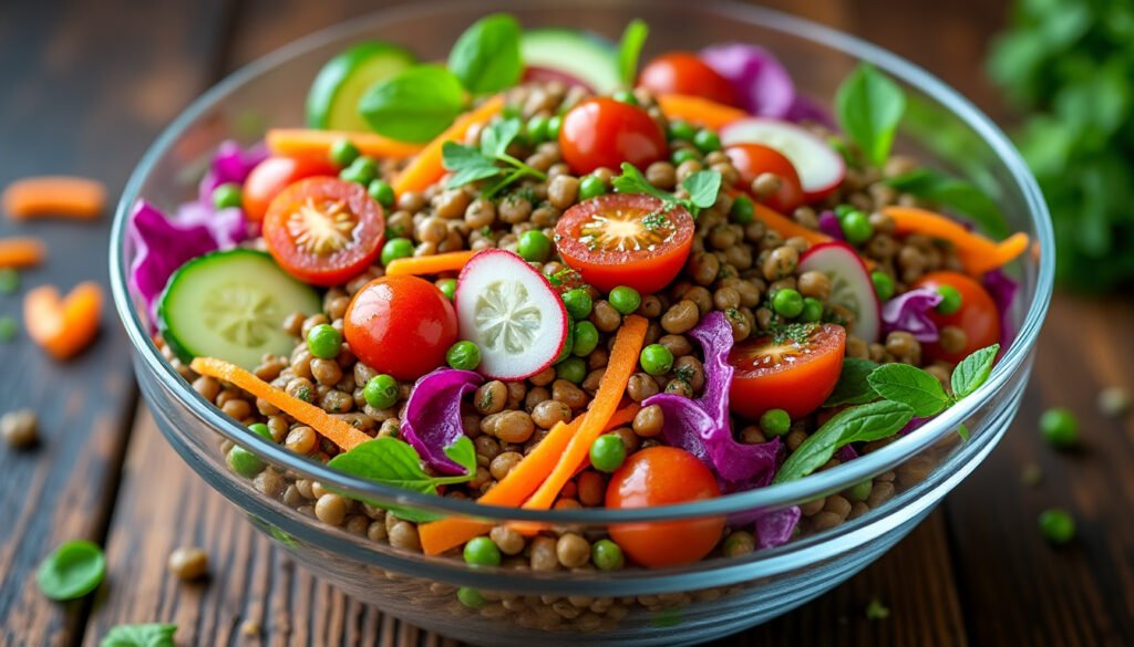découvrez une recette savoureuse de salade de lentilles et crudités, alliant la fraîcheur des légumes croquants aux bienfaits nutritionnels des lentilles. parfaite pour un repas léger et healthy !