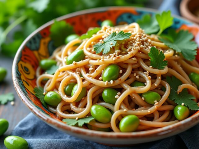 Salade de nouilles soba, edamame et sauce au sésame