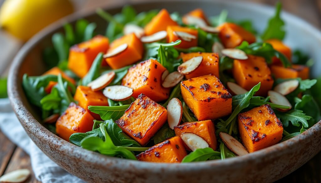 découvrez une délicieuse salade de patates douces rôties, agrémentée de roquette fraîche et d'amandes croquantes. parfaite pour une entrée saine ou un plat principal léger, elle allie saveurs et textures pour un repas nutritif et savoureux.