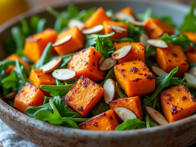 Salade de patates douces rôties, roquette et amandes