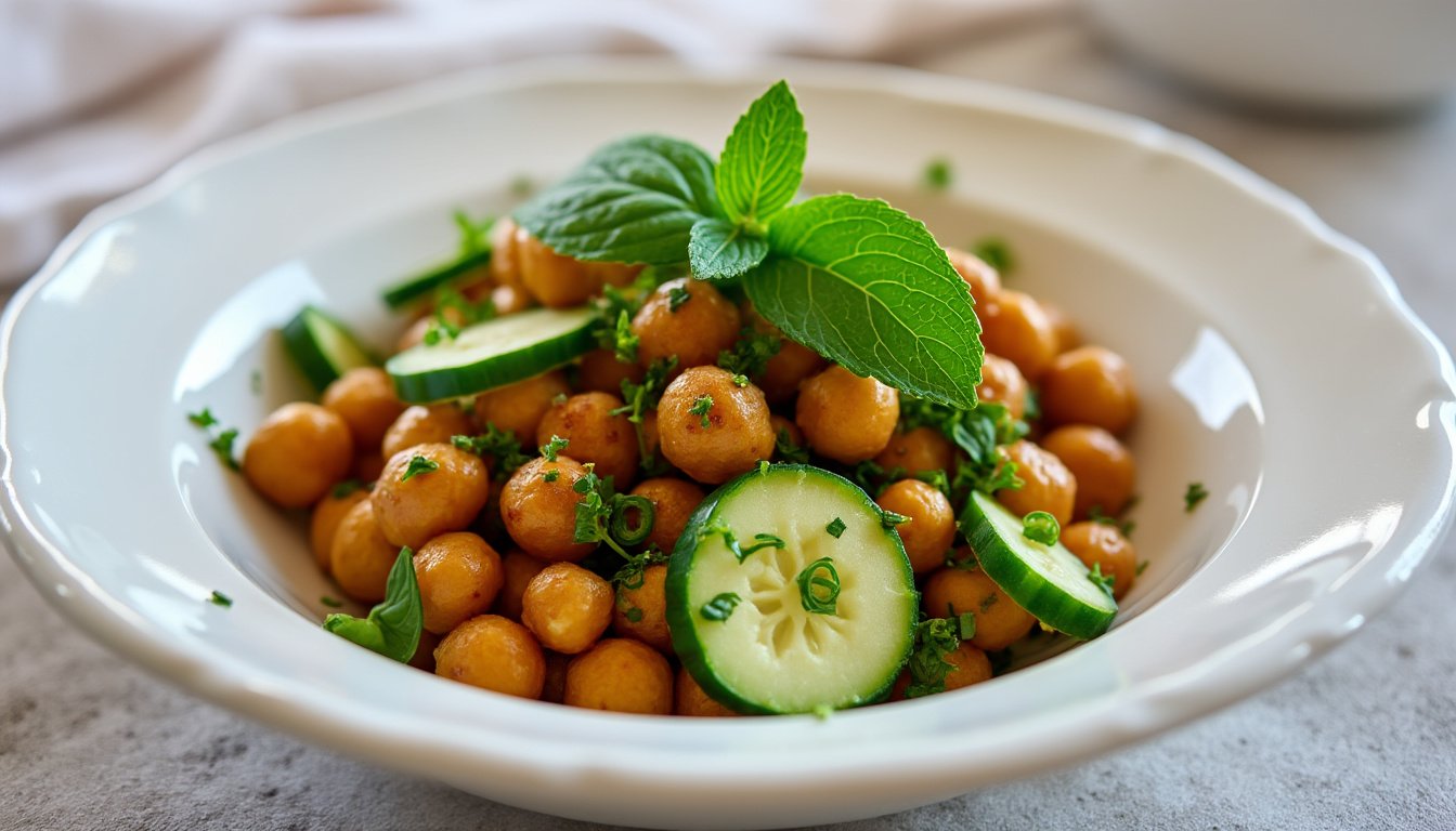 découvrez une délicieuse salade de pois chiches grillés, accompagnée de concombre croquant et rehaussée de menthe fraîche. parfaite pour une entrée légère ou un repas estival, cette recette saine allie saveurs et bienfaits nutritionnels.