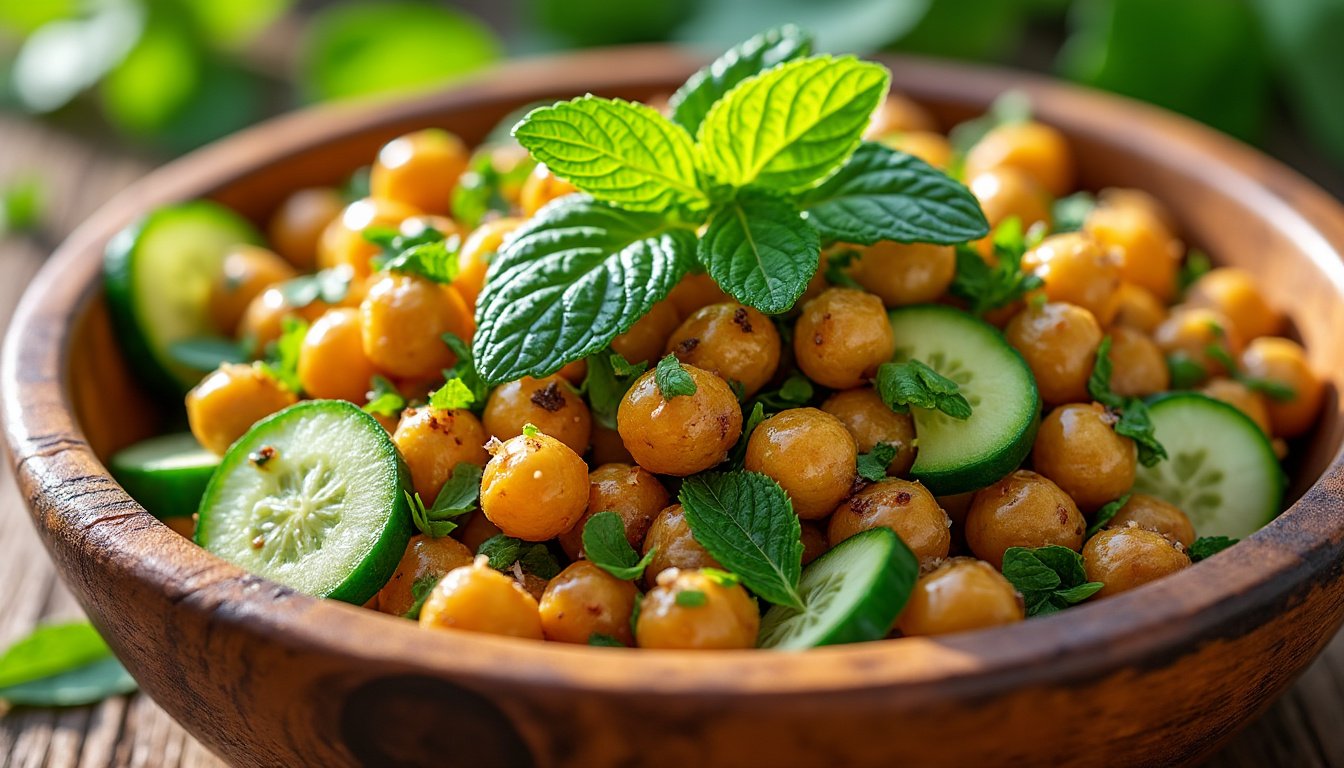 découvrez une délicieuse salade de pois chiches grillés, accompagnée de concombre croquant et de menthe fraîche. parfaite pour un repas léger et sain, cette recette allie des saveurs méditerranéennes pour ravir vos papilles. idéale en entrée ou en plat principal, elle apporte une touche de fraîcheur à vos repas estivaux.