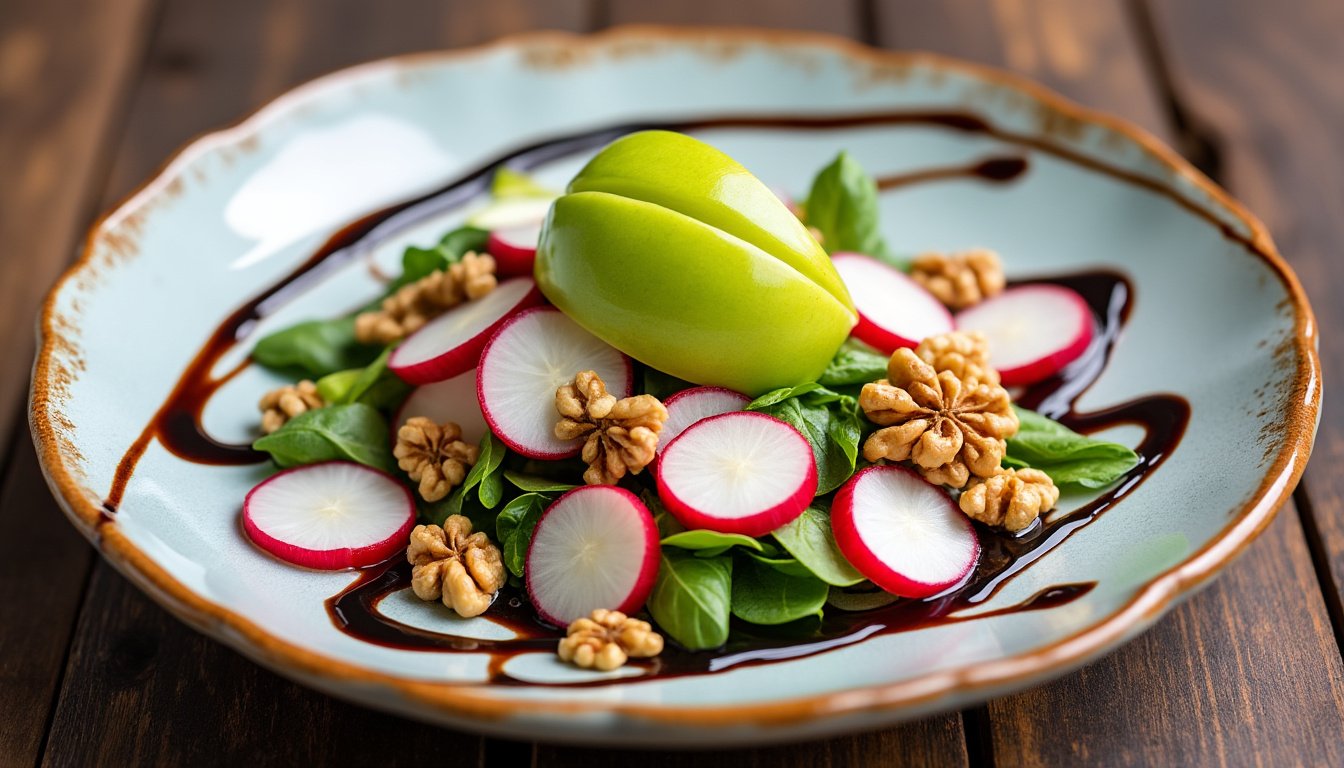 découvrez une délicieuse recette de salade de radis, pommes et vinaigre balsamique, idéale pour une entrée fraßche et colorée. cette salade croquante allie le piquant des radis et la douceur des pommes, le tout rehaussé par une vinaigrette savoureuse. parfaite pour accompagner vos plats d'été ou à déguster seule en apéritif.