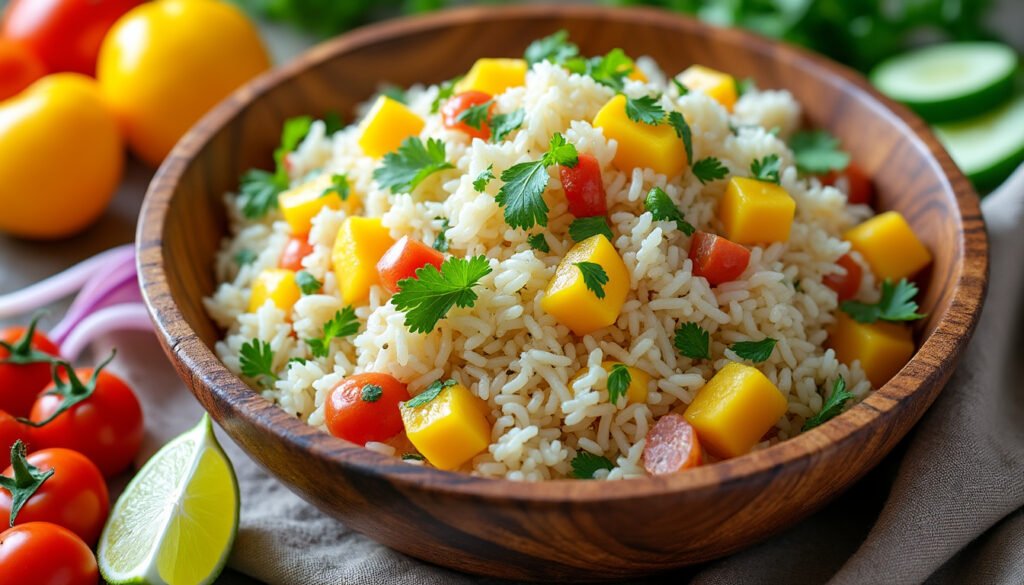 découvrez une délicieuse salade de riz basmati agrémentée de mangue juteuse et de coriandre fraîche. parfaite pour un repas léger et savoureux, cette recette colorée allie douceur et fraîcheur, idéale pour les journées ensoleillées.