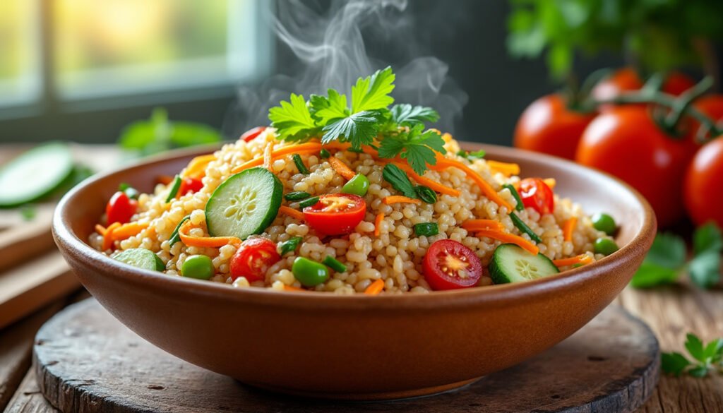 découvrez notre délicieuse salade de riz complet accompagnée de légumes croquants. un plat sain et coloré, parfait pour vos déjeuners d'été ou comme accompagnement. savourez chaque bouchée pleine de fraîcheur et de vitalité !