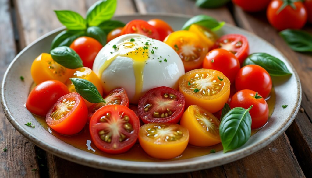 savourez cette délicieuse salade de tomates cerises juteuses, accompagnée de crémeuse burrata et d'un filet d'huile d'olive de qualité. idéale pour un repas léger ou en entrée, cette recette met à l'honneur des ingrédients frais et gourmands.