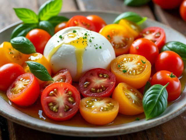 Salade de tomates cerises, burrata et huile d’olive