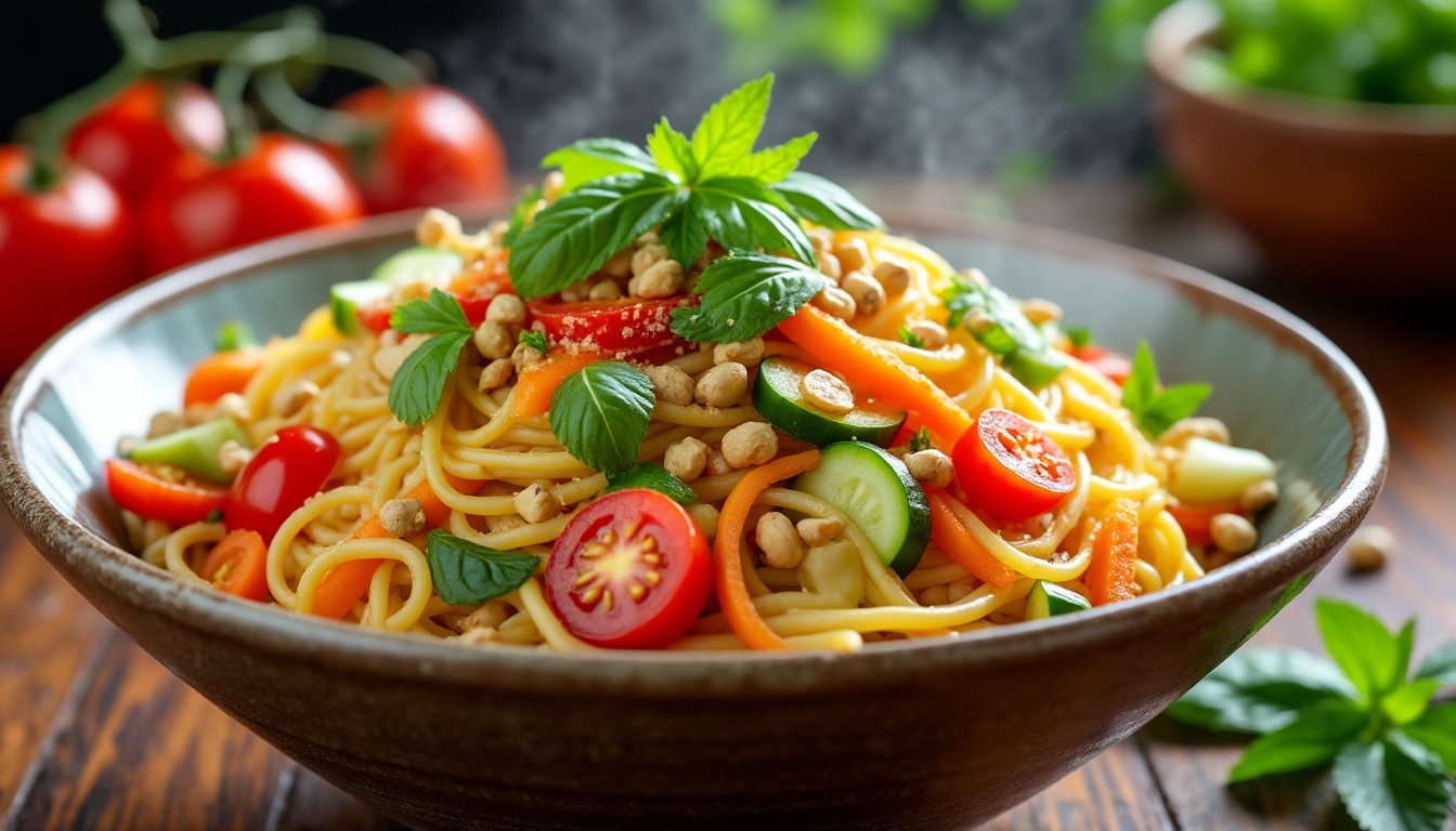 découvrez notre recette savoureuse de salade de vermicelles de riz associée à des cacahuètes croquantes et arrosée d'une délicieuse sauce soja. un mélange frais et léger, parfait pour vos repas d'été ou en accompagnement.
