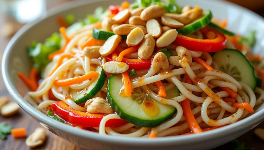 découvrez notre délicieuse salade de vermicelles de riz agrémentée de cacahuètes croquantes et d'une sauce soja savoureuse. parfaite pour un repas léger ou un accompagnement frais, cette recette asiatique vous séduira par ses saveurs authentiques et sa simplicité.