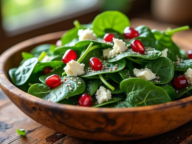 Salade d’épinards, feta et graines de grenade
