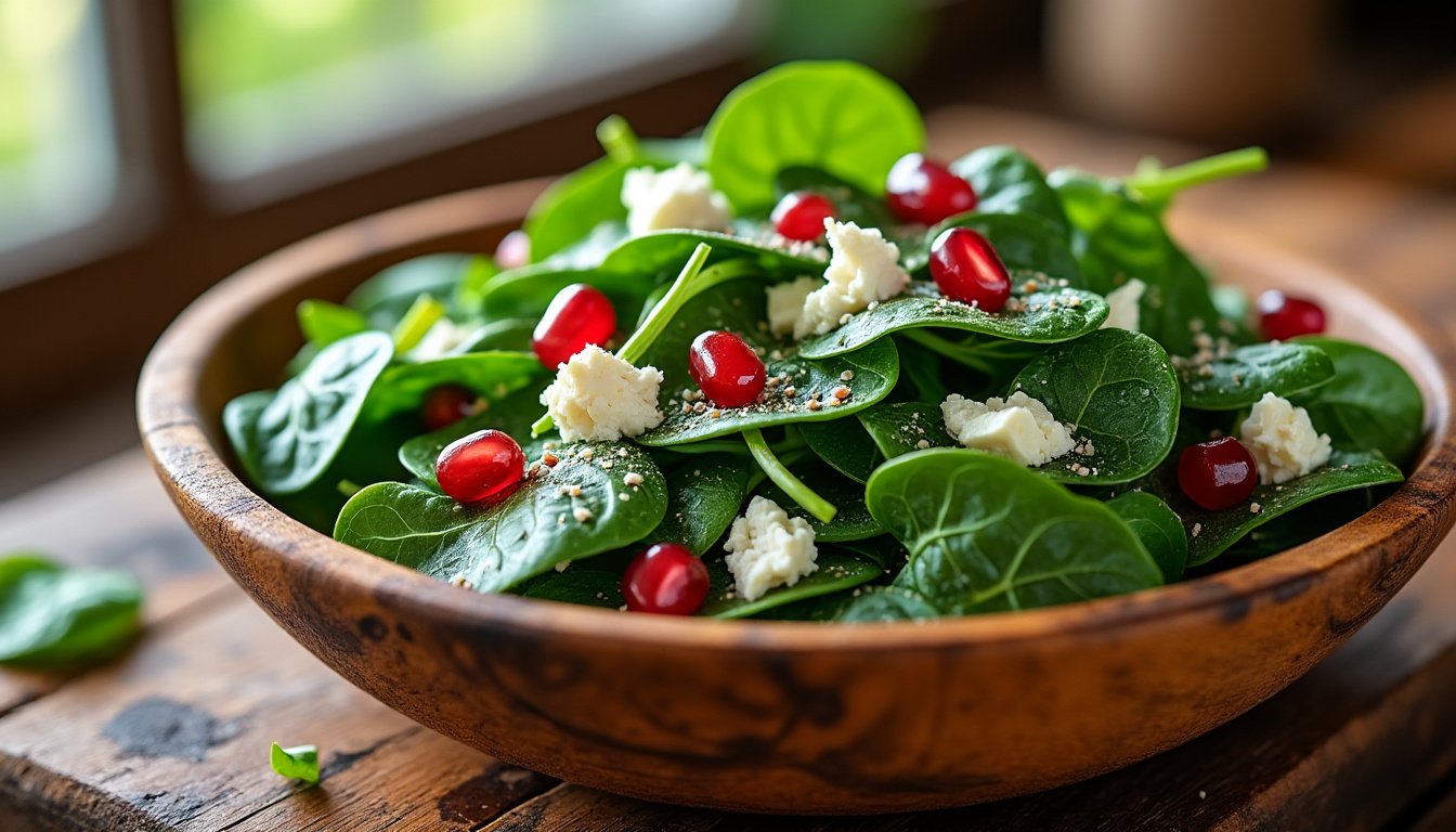 découvrez une savoureuse salade d'épinards, feta et graines de grenade, alliant fraîcheur et croquant. parfaite pour une entrée légère ou un accompagnement festif, cette recette colorée ravira vos papilles avec ses ingrédients nutritifs et son goût délicat.