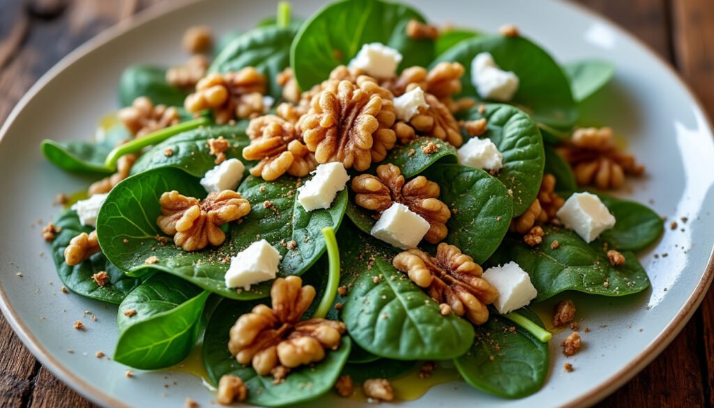 découvrez notre délicieuse recette de salade d'épinards, agrémentée de noix croquantes et de fromage de chèvre crémeux. un mélange savoureux et frais, parfait pour un déjeuner léger ou un accompagnement raffiné. idéal pour les amateurs de cuisine saine et gourmande.