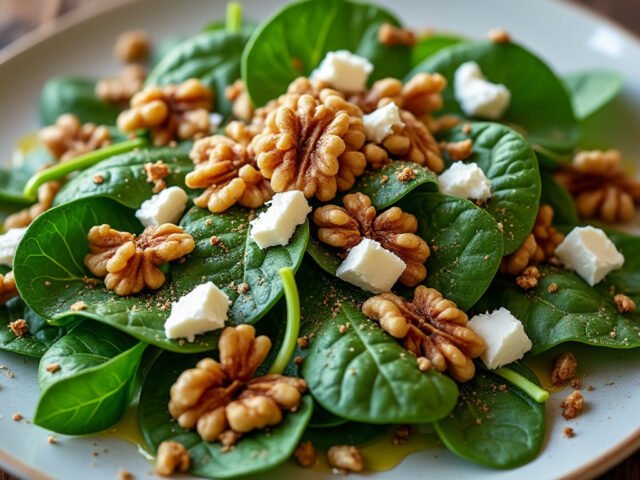 Salade d’épinards, noix et fromage de chèvre