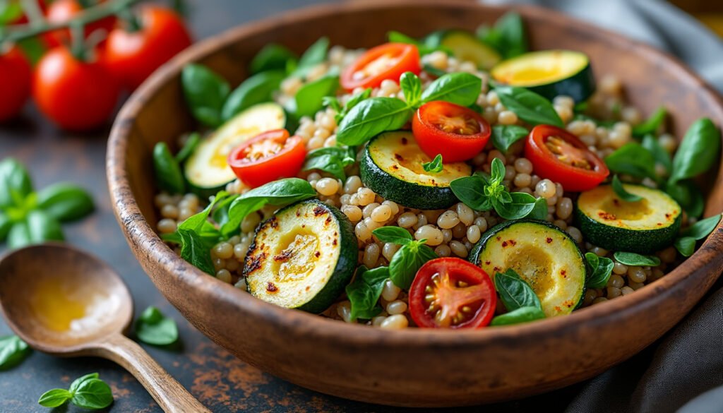 découvrez notre délicieuse salade d’orge aux courgettes rôties, un plat savoureux et nutritif qui allie textures et saveurs. parfaite pour un déjeuner léger ou un accompagnement, cette recette végétale met en avant le goût légèrement grillé des courgettes et la richesse de l'orge. simple à préparer, elle ravira vos papilles et celles de vos invités !