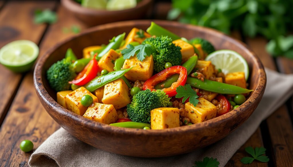 découvrez notre délicieux sauté de tofu et légumes au curry jaune, un plat végétarien savoureux et coloré qui allie textures et saveurs. parfait pour un dîner rapide sain et réconfortant, ce mélange épicé ravira vos papilles tout en vous apportant les bienfaits des légumes frais.