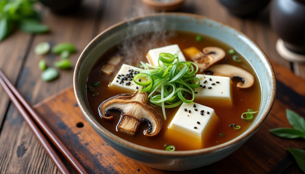 découvrez une délicieuse soupe miso aux champignons et tofu, alliant saveurs umami et bienfaits nutritifs. parfaite pour réchauffer vos soirées, cette recette rapide et savoureuse séduira les amateurs de cuisine asiatique et végétarienne.