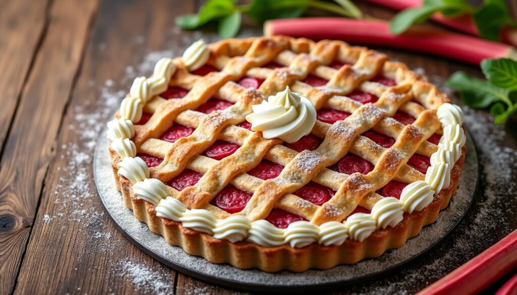 découvrez notre délicieuse tarte à la rhubarbe, alliant la fraîcheur acidulée de la rhubarbe à la douceur d'une crème vanille onctueuse. un dessert irrésistible qui ravira vos papilles et égayera vos repas en famille ou entre amis !