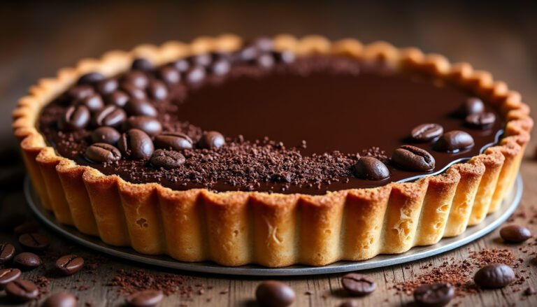 découvrez notre délicieuse tarte au café et chocolat noir, un dessert irrésistible alliant l'intensité du chocolat noir à la richesse du café. parfaite pour les amateurs de saveurs gourmandes, cette tarte fera sensation lors de vos prochaines réceptions.
