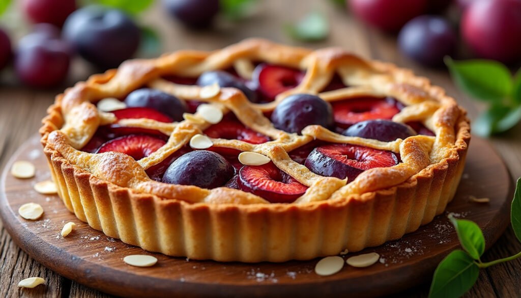 découvrez notre délicieuse tarte aux prunes et amandes effilées, un dessert savoureux alliant la douceur des prunes juteuses à la croquant des amandes. parfaite pour toutes les occasions, cette tarte ravira vos papilles et celles de vos invités.