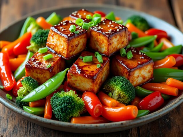 Tofu général tao avec légumes sautés
