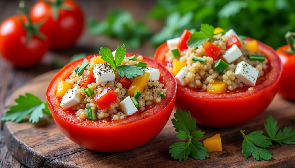découvrez une recette savoureuse de tomates farcies au quinoa et fromage de chèvre, alliant fraîcheur et gourmandise. parfait pour un repas sain et coloré, ces tomates pleines de vitamines enchanteront vos papilles tout en étant faciles à préparer.