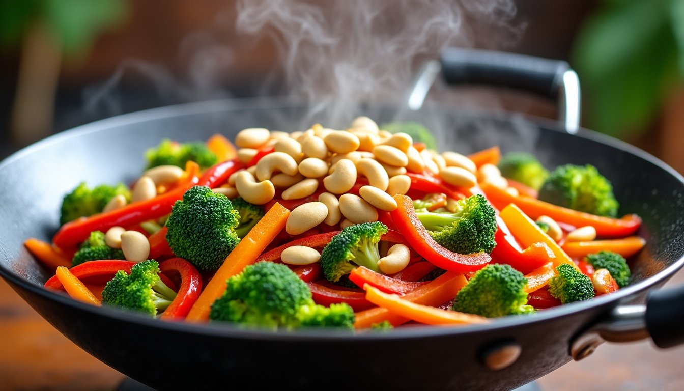 découvrez une recette savoureuse de wok de légumes et noix de cajou, alliant croquant et douceur. idéale pour un repas sain et coloré, ce plat vous transporte en asie avec ses saveurs exquises et sa préparation rapide. parfait pour éveiller vos papilles et régaler vos convives !
