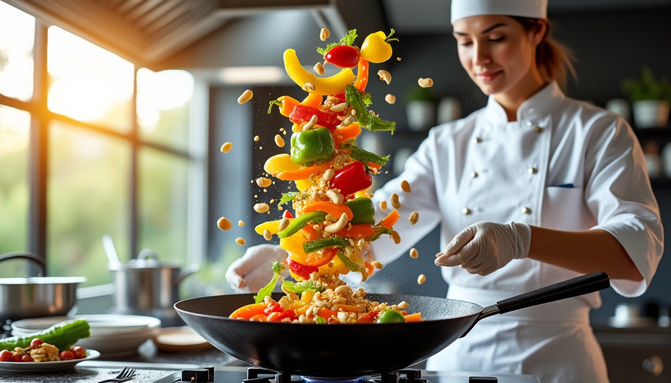découvrez notre savoureux wok de légumes croquants, agrémenté de noix de cajou croquantes, pour un plat équilibré et coloré qui ravira vos papilles. idéal pour un repas rapide et sain !