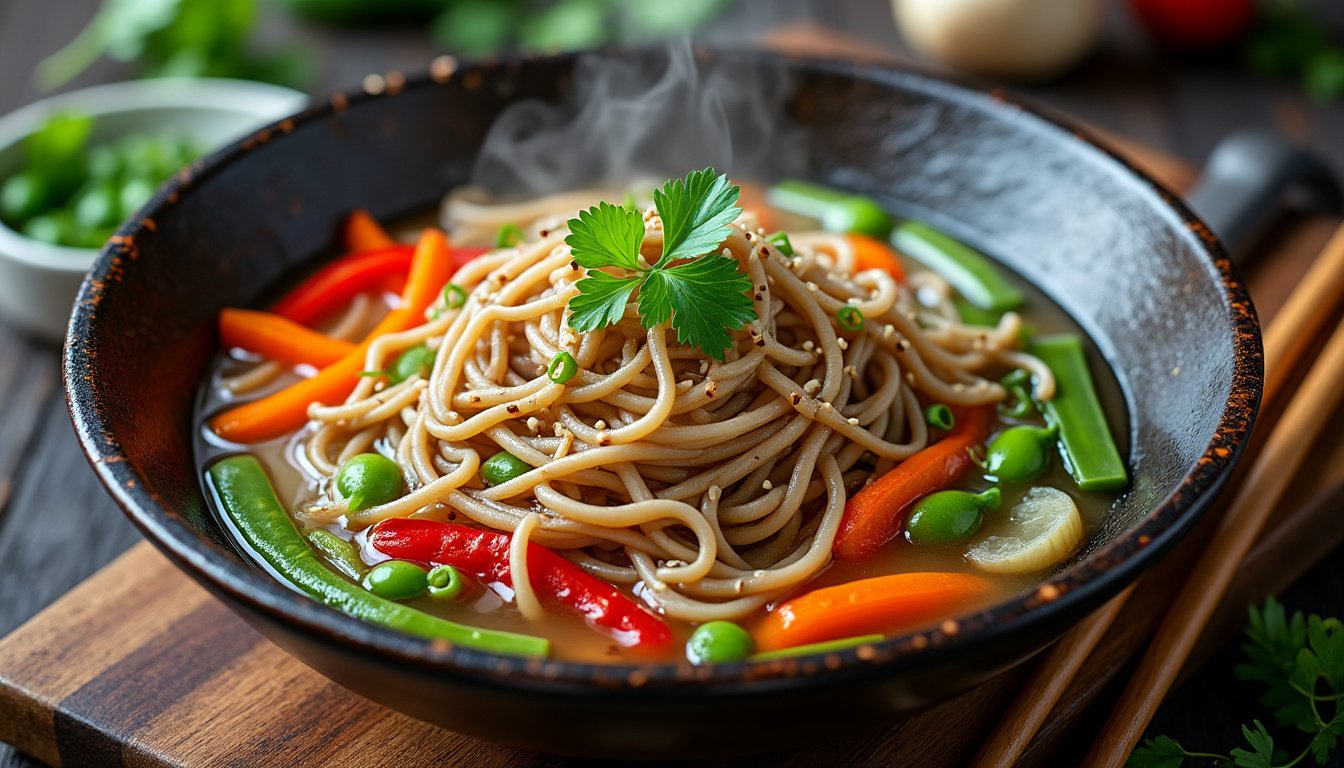 découvrez notre savoureux wok de nouilles soba accompagné de légumes croquants, un plat équilibré et parfumé qui allie le croustillant des légumes frais à la douceur des nouilles. idéal pour un repas rapide et délicieux !